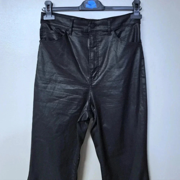 Express Black Faux Leather Wax Soft Lightweight Flare Super High Rise Jeans - Picture 2 of 14